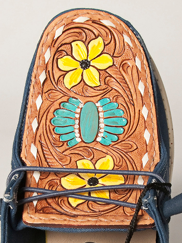 American Darling Hand tooled, carved genuine leather trim lightweight shoe footwear, slip on| Tooled Footwear