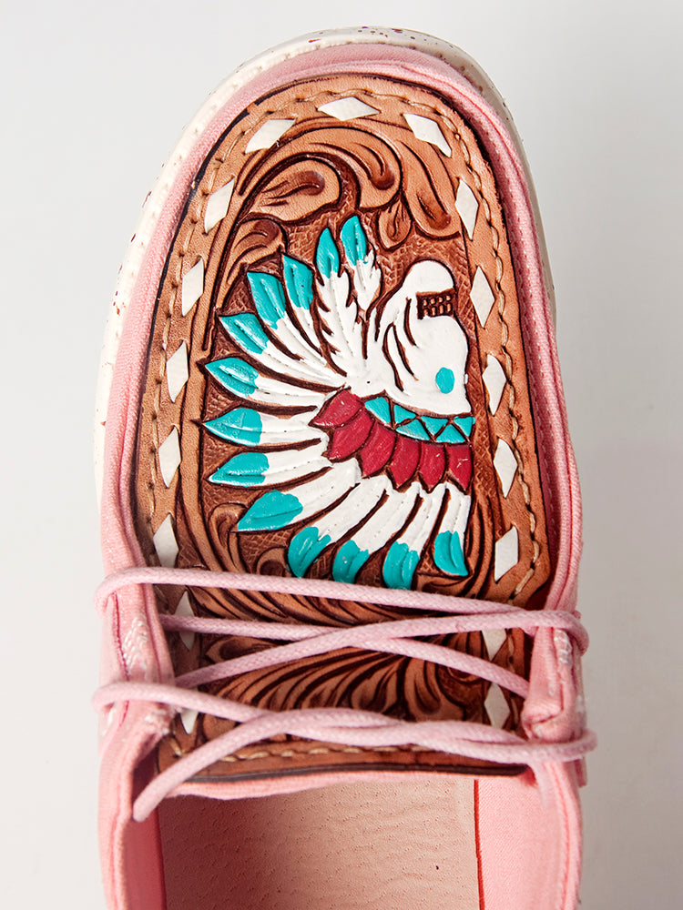 American Darling Hand tooled, carved genuine leather trim lightweight shoe footwear, slip on| Tooled Footwear