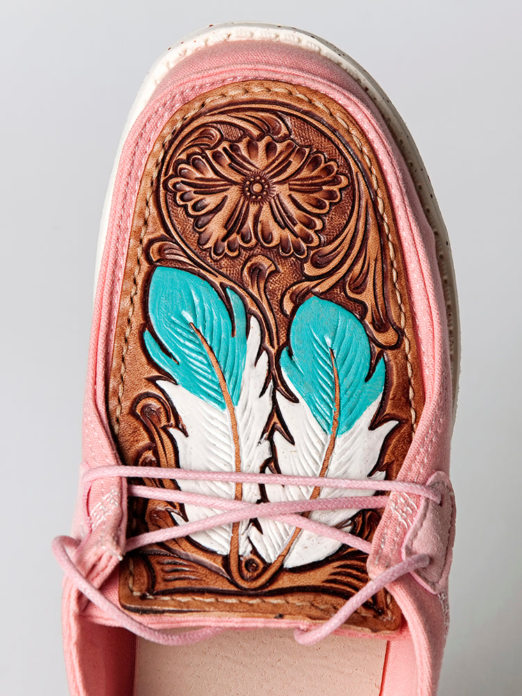 American Darling Hand tooled, carved genuine leather trim lightweight shoe footwear, slip on| Tooled Footwear