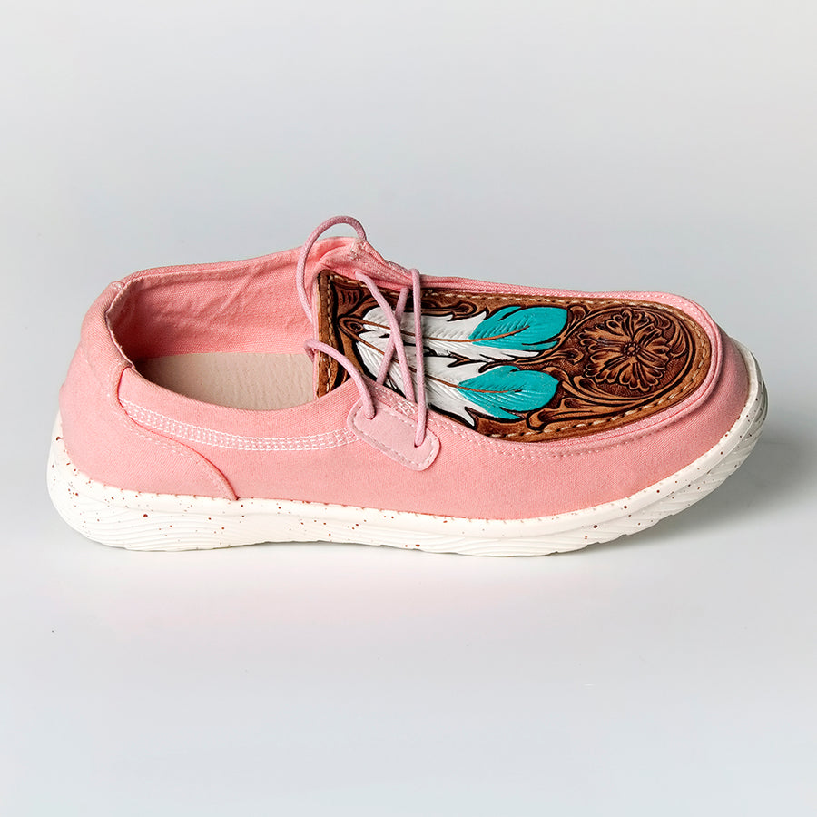 American Darling Hand tooled, carved genuine leather trim lightweight shoe footwear, slip on| Tooled Footwear