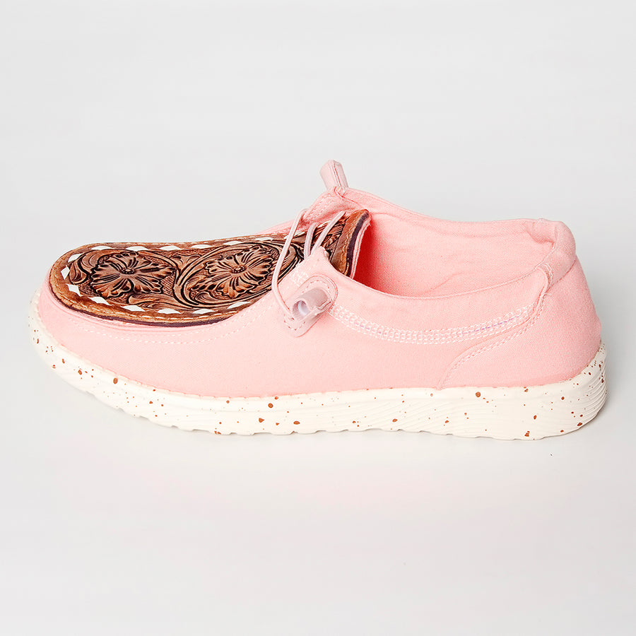 American Darling Hand tooled, carved genuine leather trim lightweight shoe footwear, slip on| Tooled Footwear