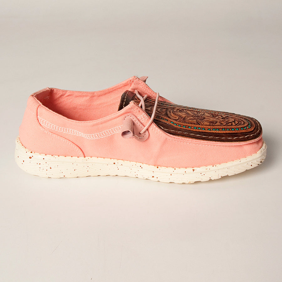 American Darling Hand tooled, carved genuine leather trim lightweight shoe footwear, slip on| Tooled Footwear