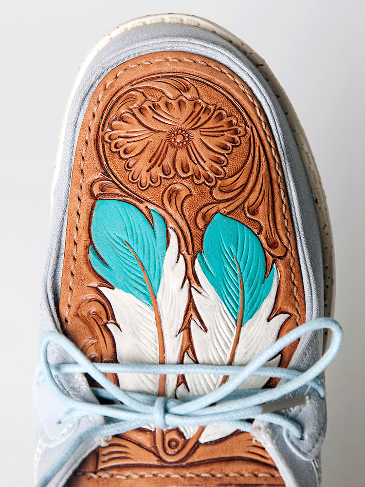 American Darling Hand tooled, carved genuine leather trim lightweight shoe footwear, slip on| Tooled Footwear