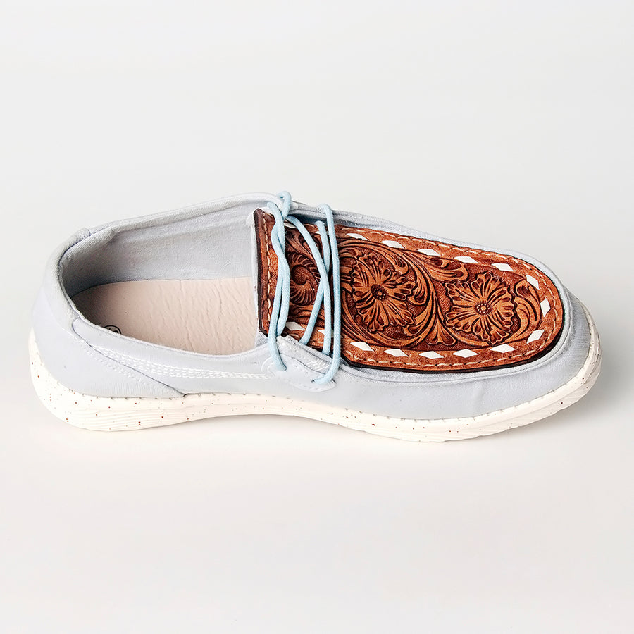 American Darling Hand tooled, carved genuine leather trim lightweight shoe footwear, slip on| Tooled Footwear
