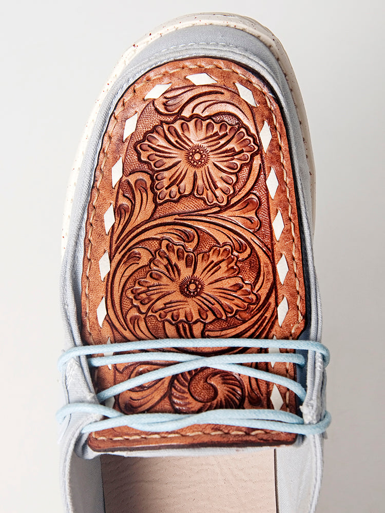 American Darling Hand tooled, carved genuine leather trim lightweight shoe footwear, slip on| Tooled Footwear