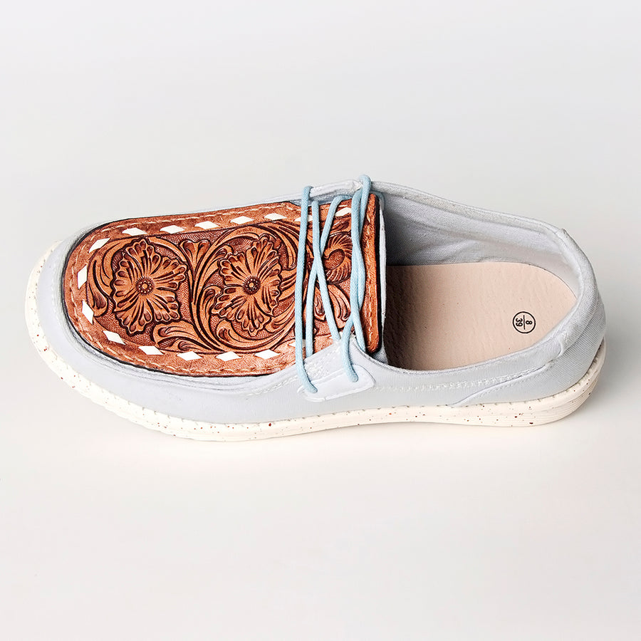 American Darling Hand tooled, carved genuine leather trim lightweight shoe footwear, slip on| Tooled Footwear