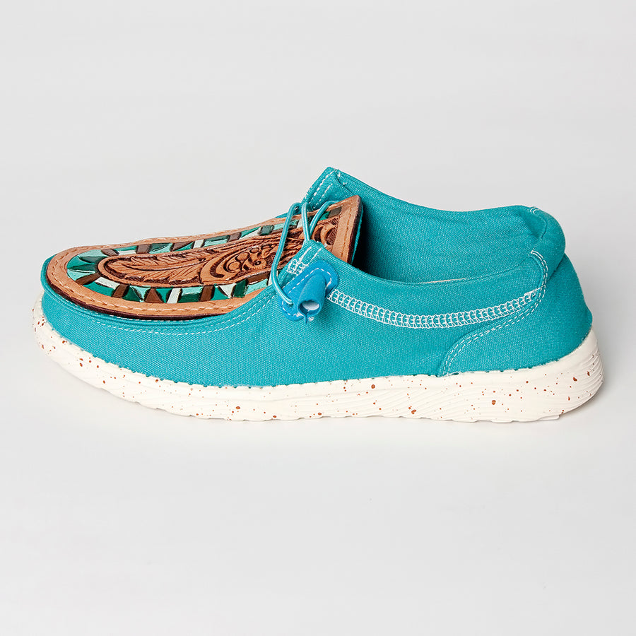 American Darling Hand tooled, carved genuine leather trim lightweight shoe footwear, slip on| Tooled Footwear