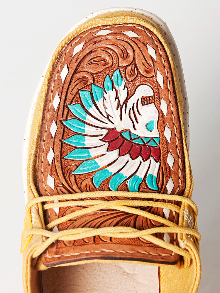 American Darling Hand tooled, carved genuine leather trim lightweight shoe footwear, slip on| Tooled Footwear