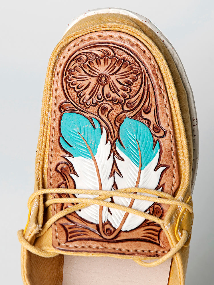 American Darling Hand tooled, carved genuine leather trim lightweight shoe footwear, slip on| Tooled Footwear