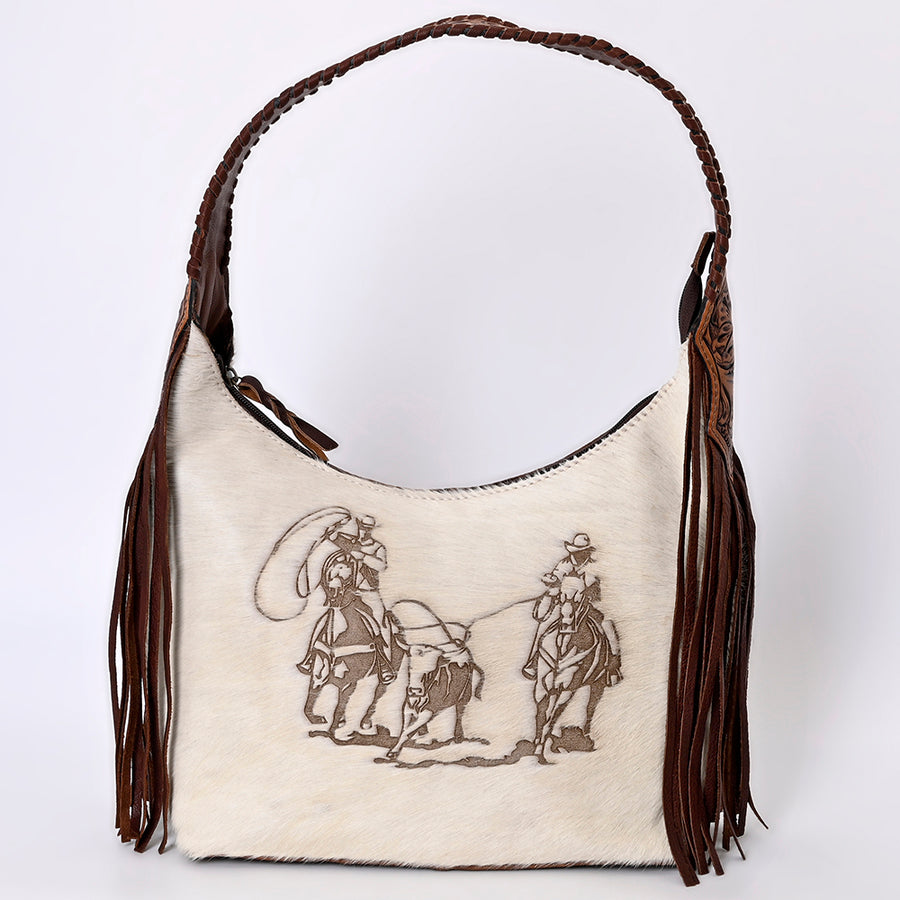 American Darling Hobo Bag for Women, Hand Tooled Floral Leather & Hair-On Cowhide Western Purse with Fringes & YKK Zipper
