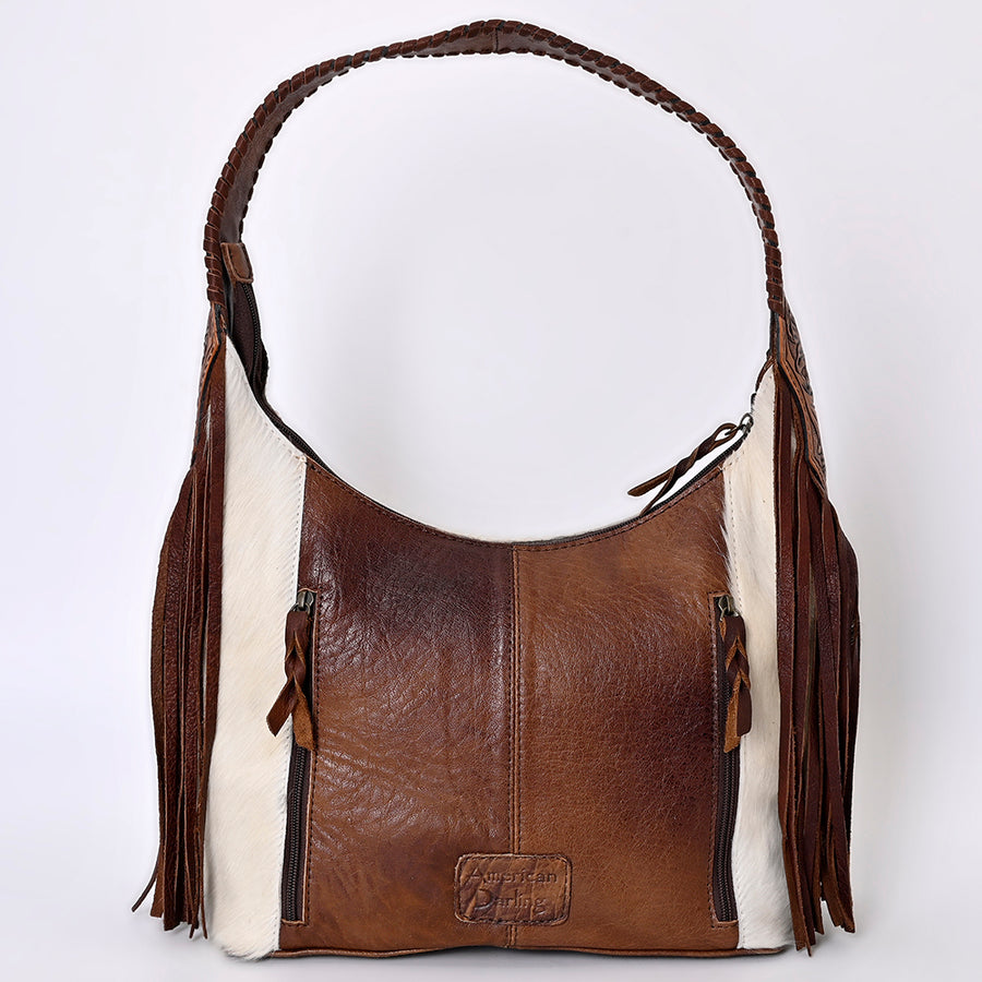 American Darling Hobo Bag for Women, Hand Tooled Floral Leather & Hair-On Cowhide Western Purse with Fringes & YKK Zipper