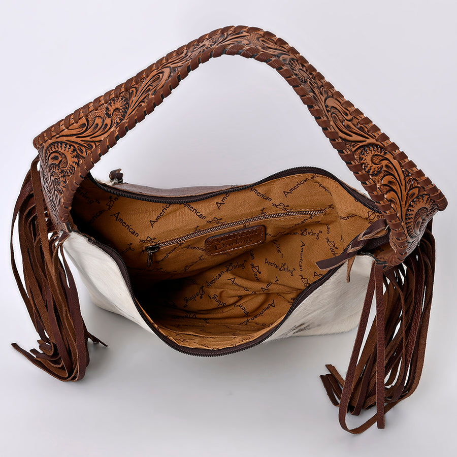 American Darling Hobo Bag for Women, Hand Tooled Floral Leather & Hair-On Cowhide Western Purse with Fringes & YKK Zipper