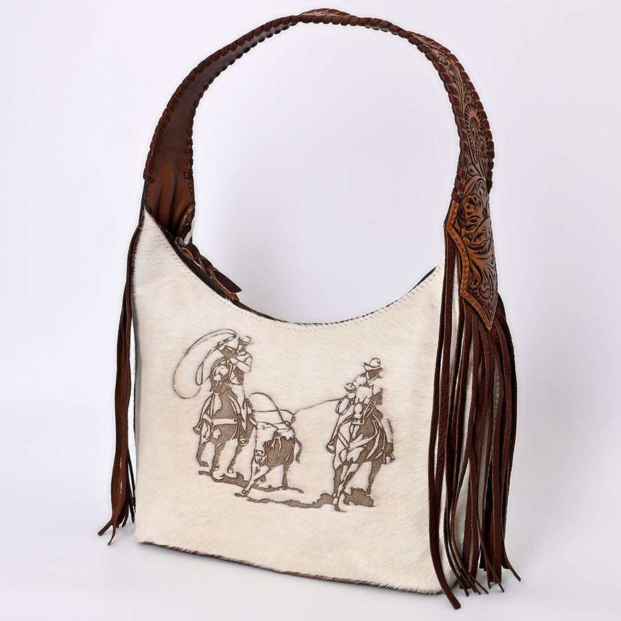 American Darling Western Leather Hobo Bag - Hand Tooled Cowhide and Fringe Purse - Uhorse