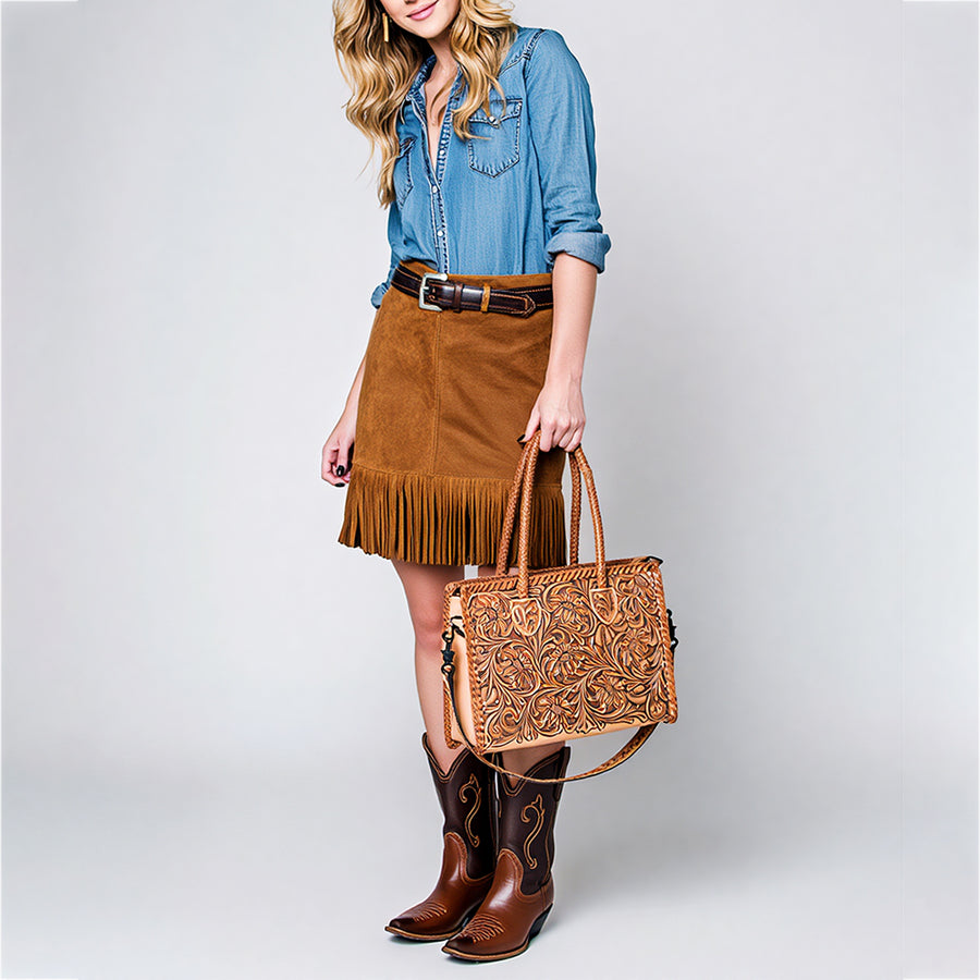 American Darling Hand Tooled Leather Tote Bag Western Floral Carved Purse