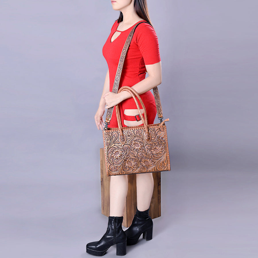 American Darling Hand Tooled Leather Tote Bag Western Floral Carved Purse