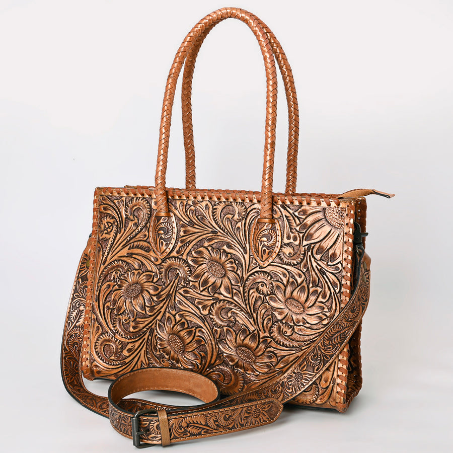 American Darling Hand Tooled Leather Tote Bag Western Floral Carved Purse