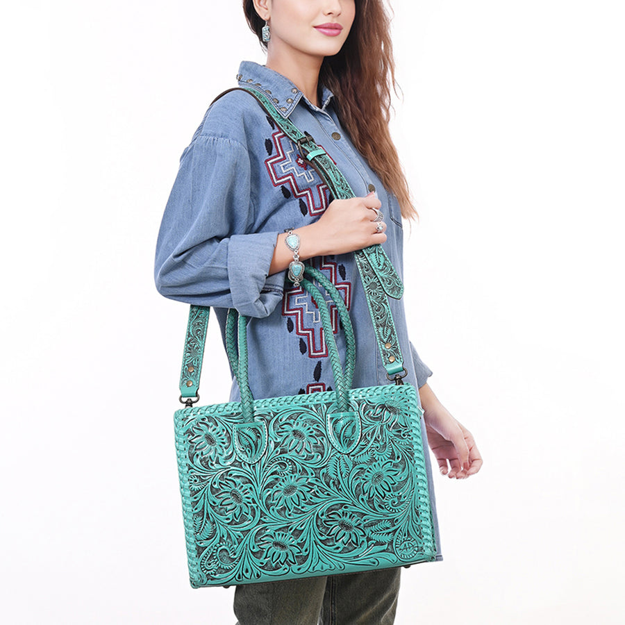 American Darling Hand Tooled Leather Tote Bag Western Floral Carved Purse
