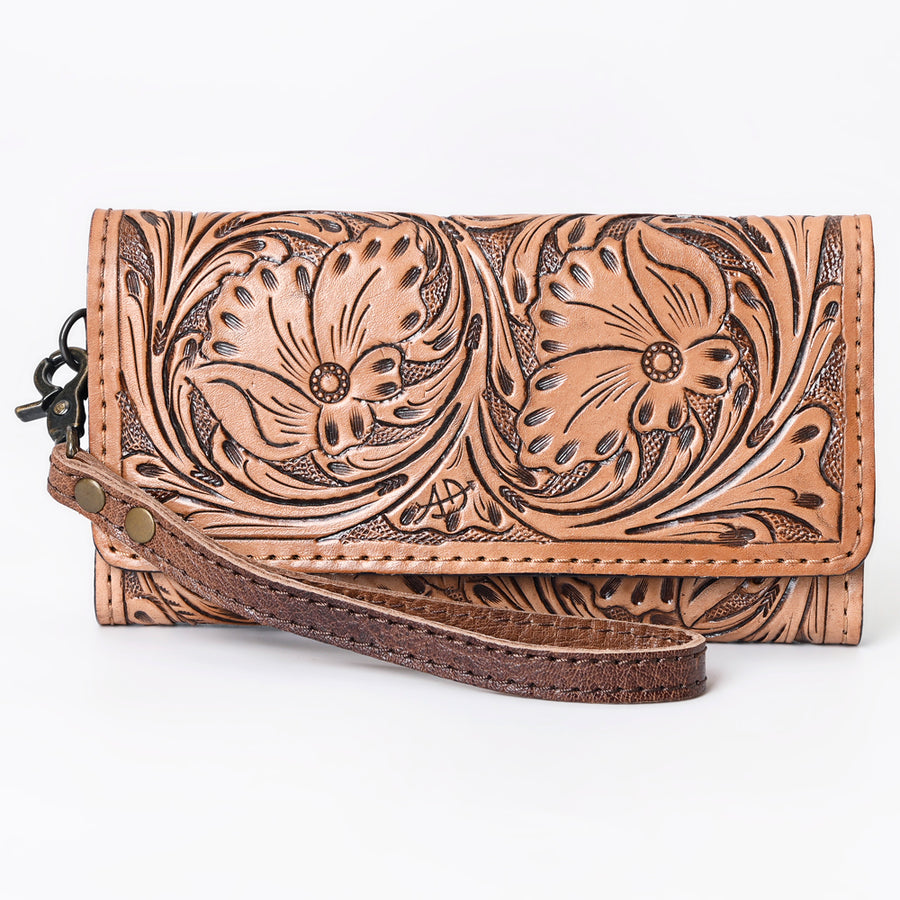 American Darling Western Leather Clutch Wallet Hand Tooled Floral Carved with Wristlet Strap