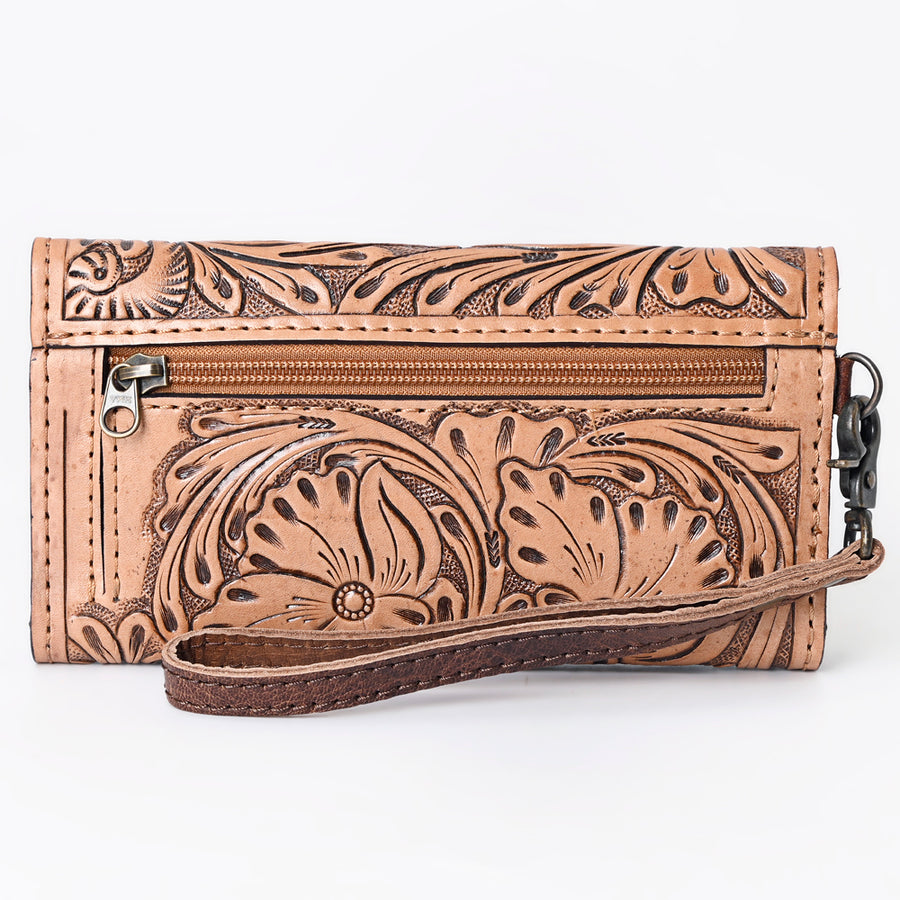 American Darling Western Leather Clutch Wallet Hand Tooled Floral Carved with Wristlet Strap