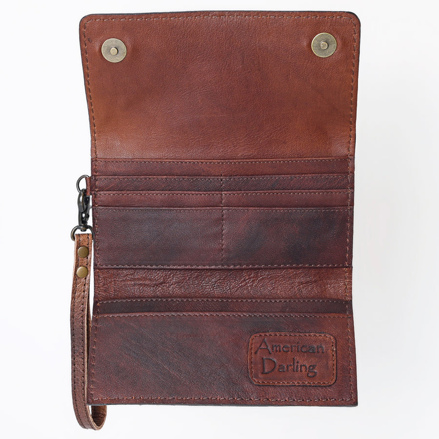 American Darling Western Leather Clutch Wallet Hand Tooled Floral Carved with Wristlet Strap