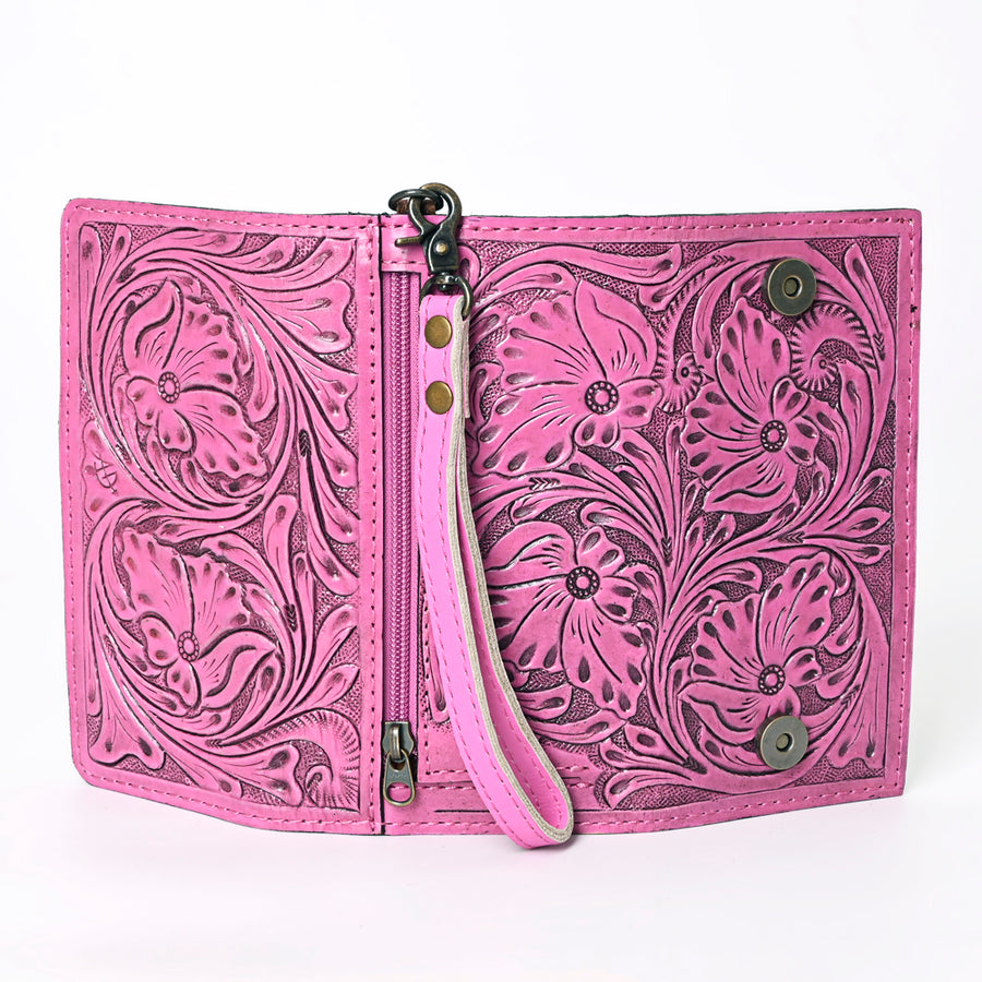 American Darling Western Leather Clutch Wallet Hand Tooled Floral Carved with Wristlet Strap
