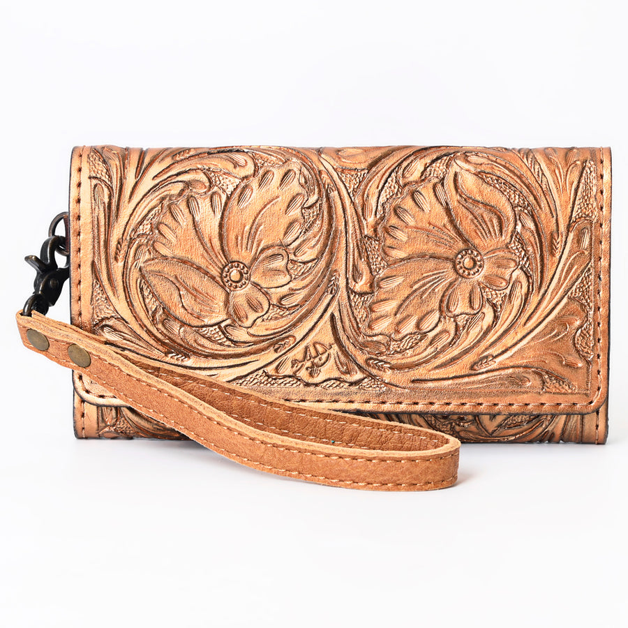 American Darling Western Leather Clutch Wallet Hand Tooled Floral Carved with Wristlet Strap