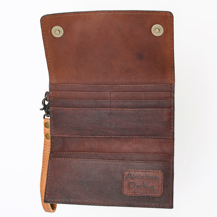 American Darling Western Leather Clutch Wallet Hand Tooled Floral Carved with Wristlet Strap