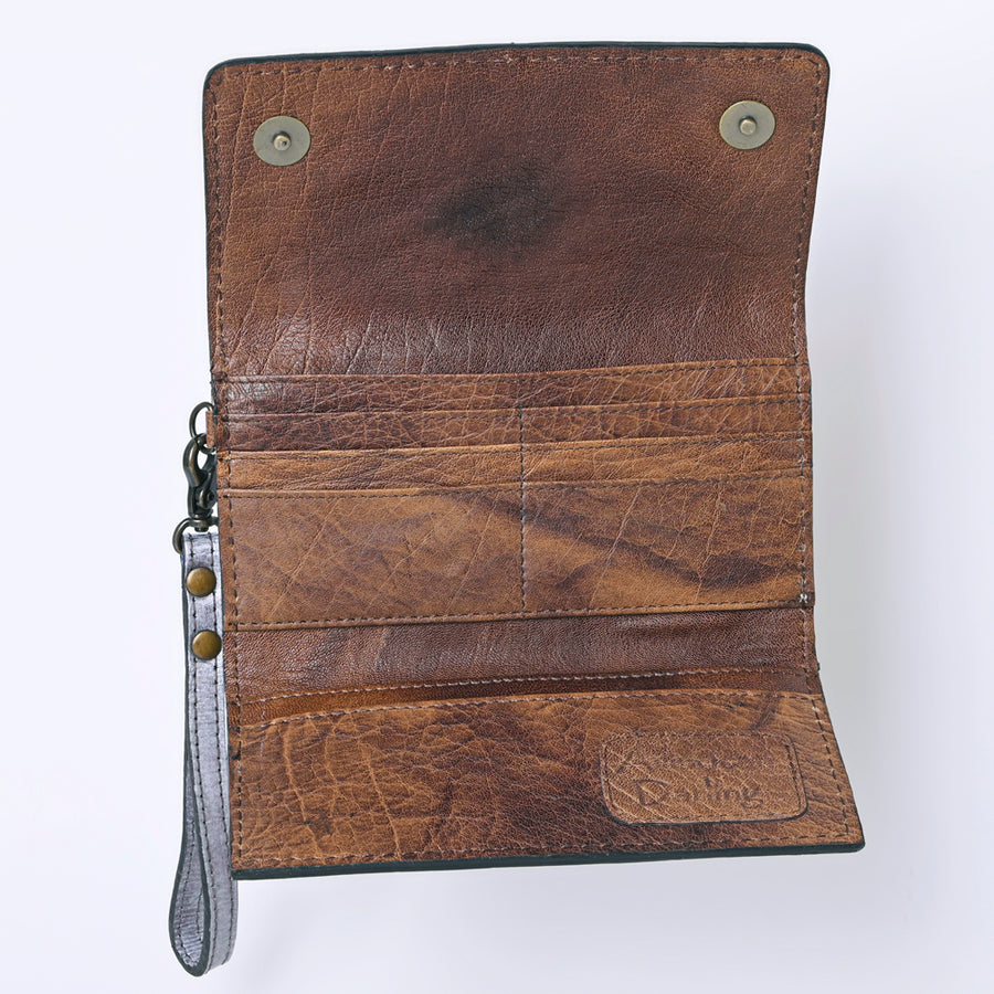 American Darling Western Leather Clutch Wallet Hand Tooled Floral Carved with Wristlet Strap