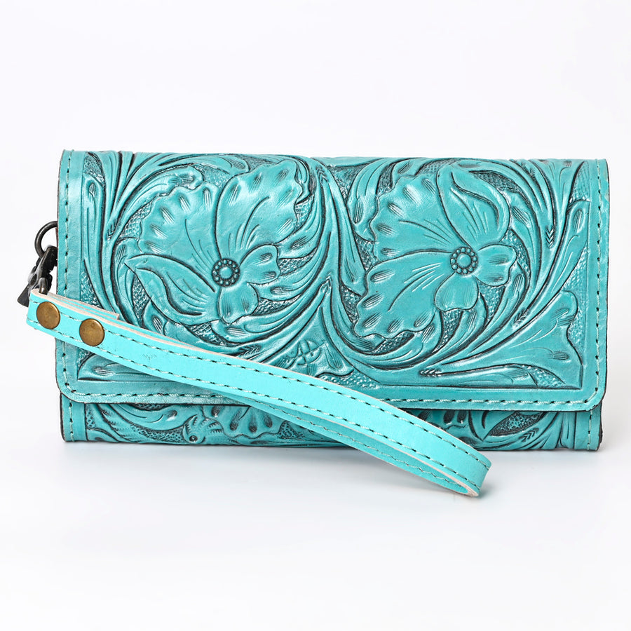 American Darling Western Leather Clutch Wallet Hand Tooled Floral Carved with Wristlet Strap