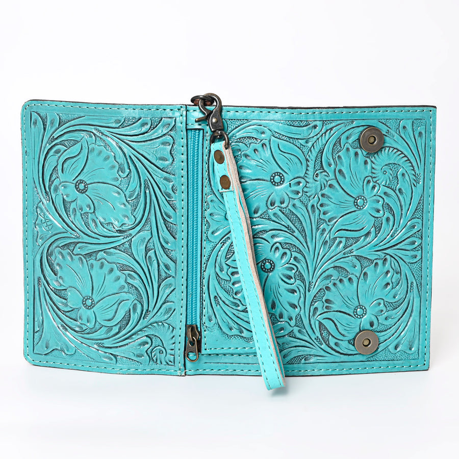 American Darling Western Leather Clutch Wallet Hand Tooled Floral Carved with Wristlet Strap