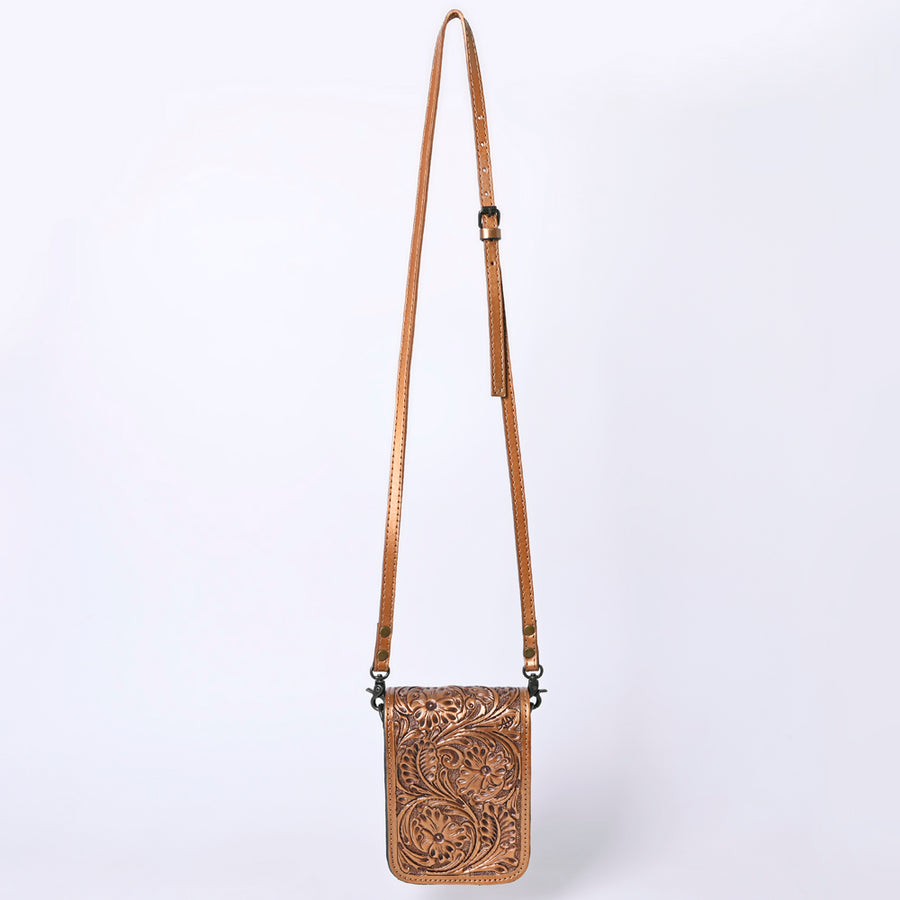 American Darling Western Leather Cell Phone Bag Hand Tooled Floral Carved Crossbody Purse with Adjustable Strap