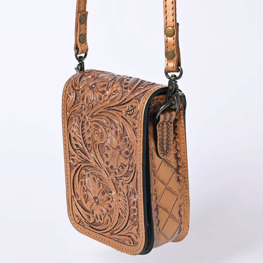 American Darling Western Leather Cell Phone Bag Hand Tooled Floral Carved Crossbody Purse with Adjustable Strap