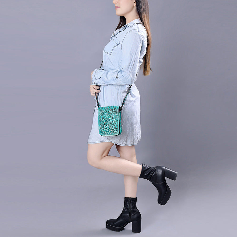 American Darling Western Leather Cell Phone Bag Hand Tooled Floral Carved Crossbody Purse with Adjustable Strap