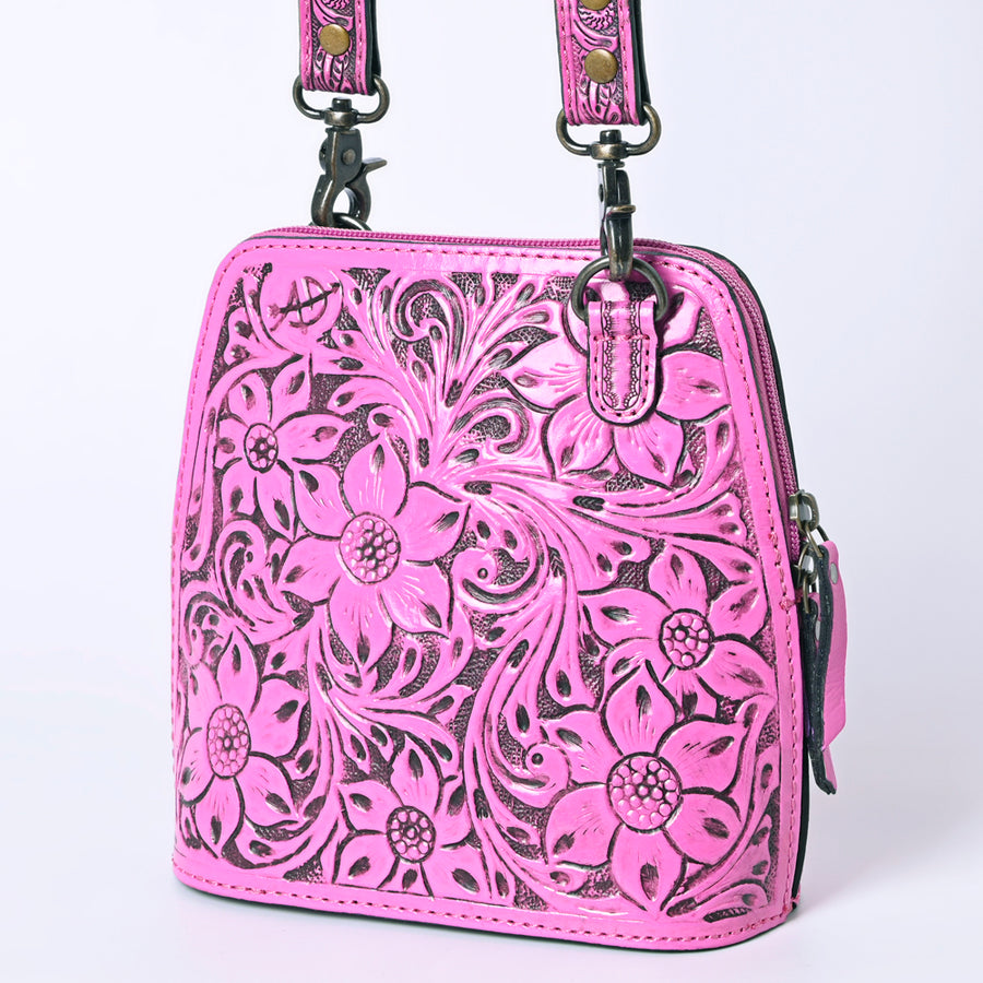 American Darling Pink Hand Tooled Floral Leather Crossbody Bag Western Purse - Uhorse