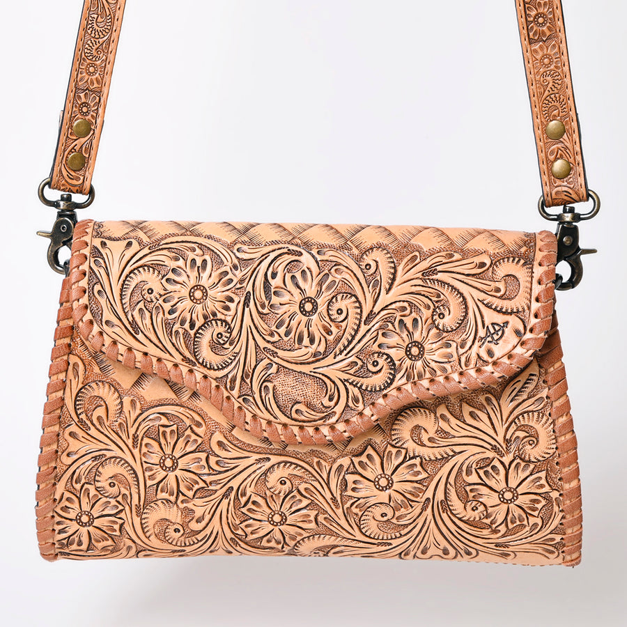 American Darling Western Leather Clutch Bag Hand Tooled Floral Carved Crossbody Purse with Whipstitch Detail