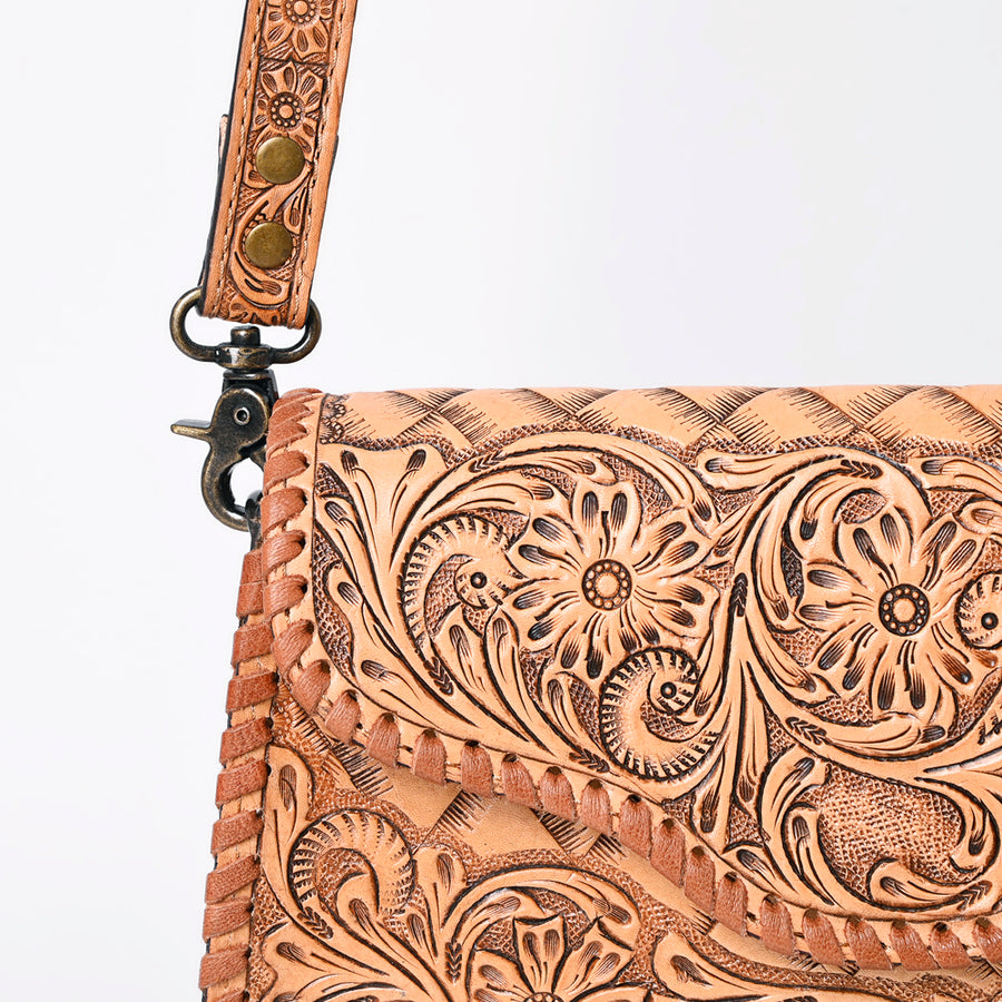 American Darling Western Leather Clutch Bag Hand Tooled Floral Carved Crossbody Purse with Whipstitch Detail
