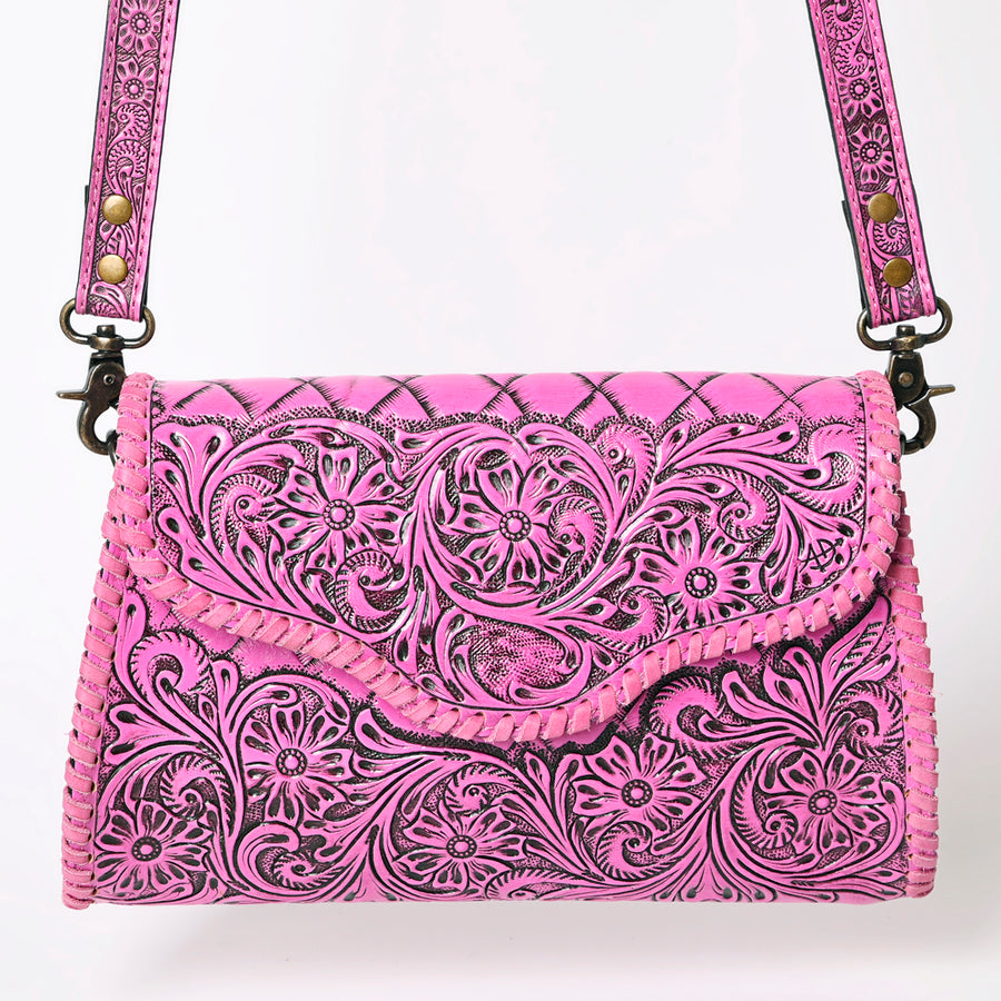 American Darling Western Leather Clutch Bag Hand Tooled Floral Carved Crossbody Purse with Whipstitch Detail