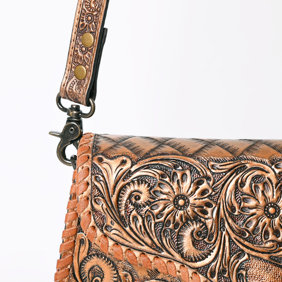 American Darling Western Leather Clutch Bag Hand Tooled Floral Carved Crossbody Purse with Whipstitch Detail