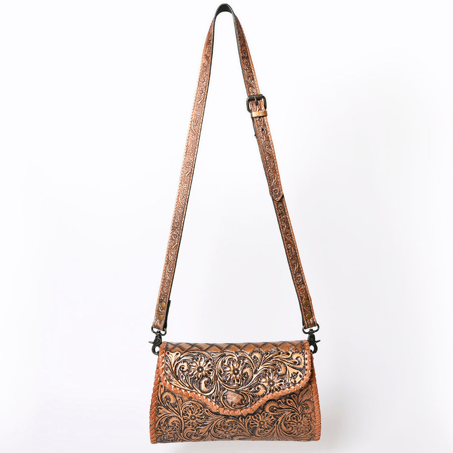 American Darling Western Leather Clutch Bag Hand Tooled Floral Carved Crossbody Purse with Whipstitch Detail