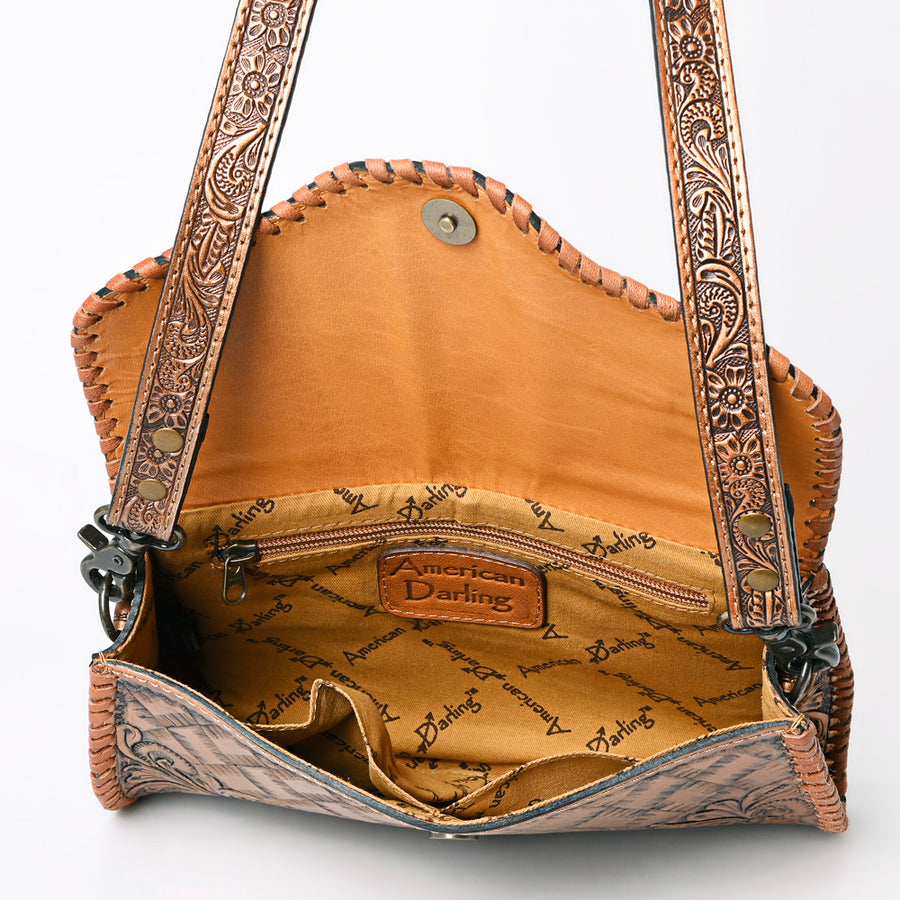 American Darling Western Leather Clutch Bag Hand Tooled Floral Carved Crossbody Purse with Whipstitch Detail