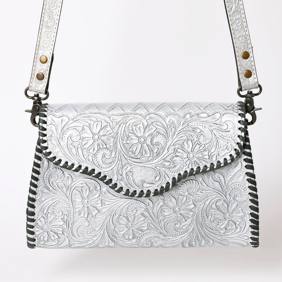 American Darling Western Leather Clutch Bag Hand Tooled Floral Carved Crossbody Purse with Whipstitch Detail