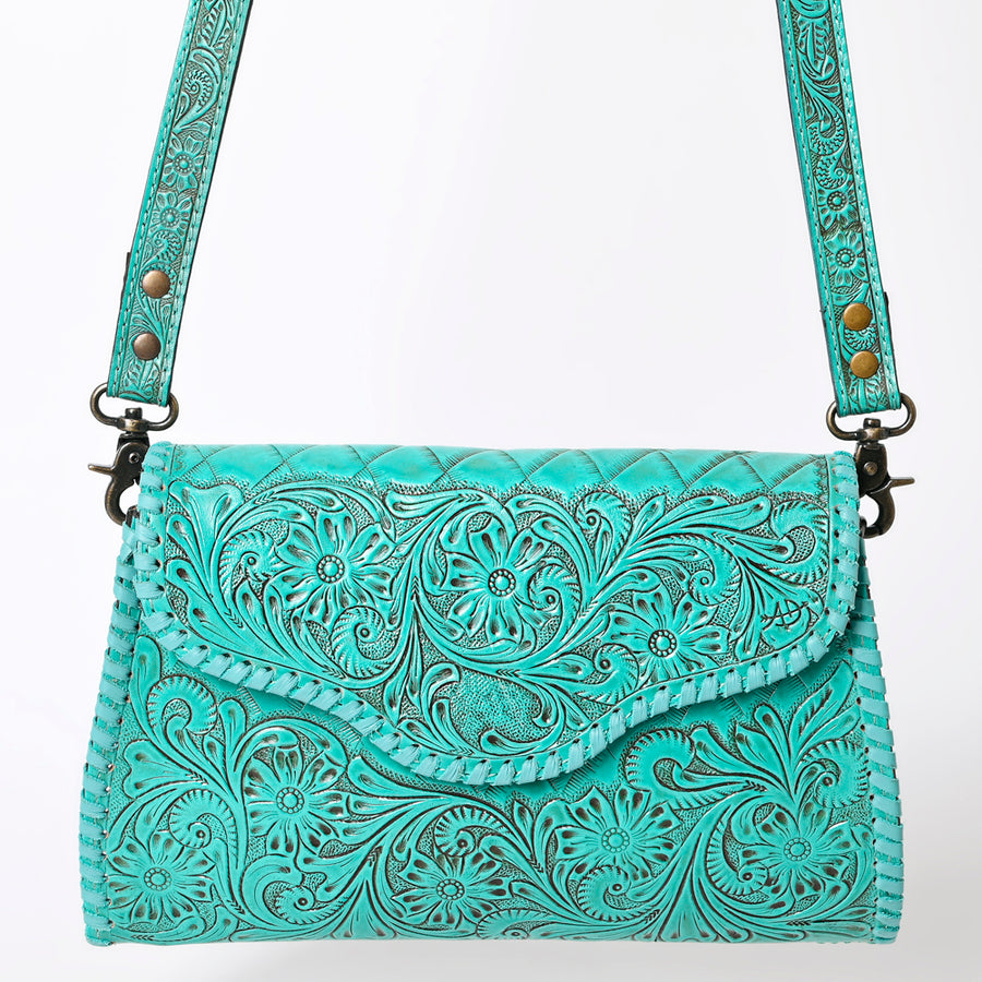 American Darling Western Leather Clutch Bag Hand Tooled Floral Carved Crossbody Purse with Whipstitch Detail