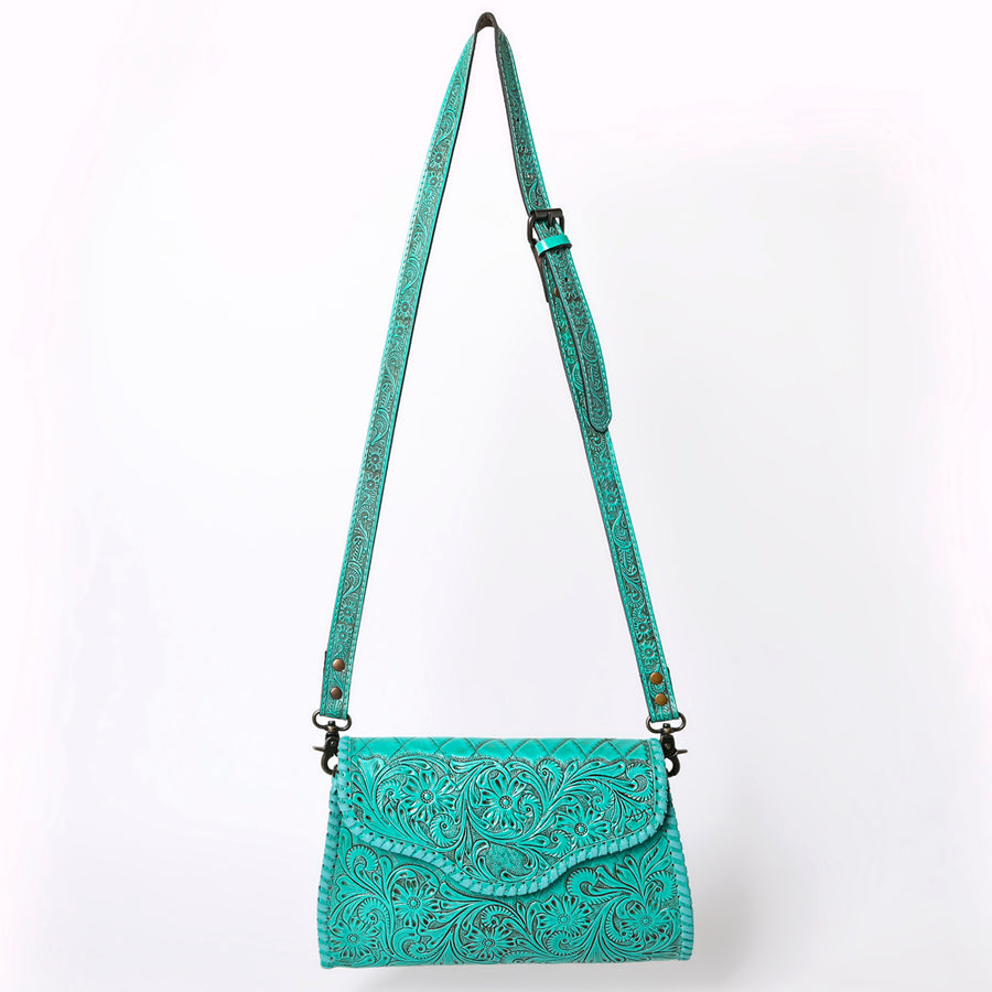 American Darling Western Leather Clutch Bag Hand Tooled Floral Carved Crossbody Purse with Whipstitch Detail