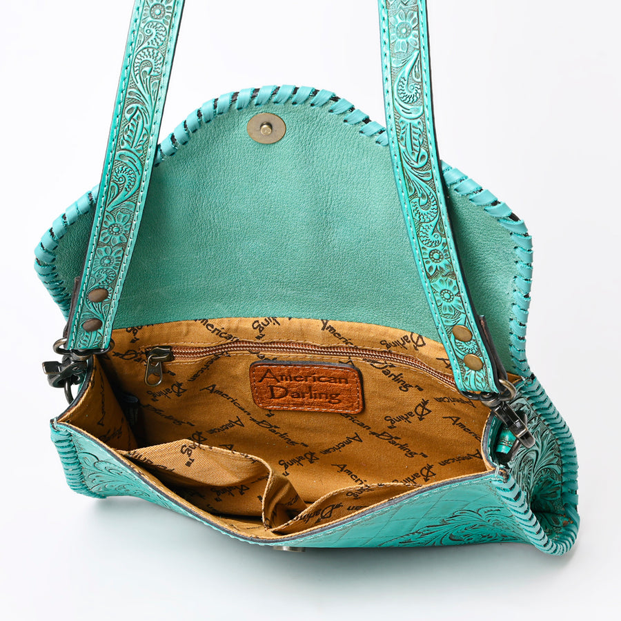 American Darling Western Leather Clutch Bag Hand Tooled Floral Carved Crossbody Purse with Whipstitch Detail
