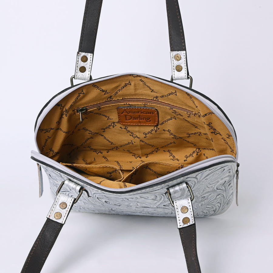American Darling Western Leather Tote Bag Hand Tooled Floral Carved Purse with Quilted Back & Tooled Straps for Women