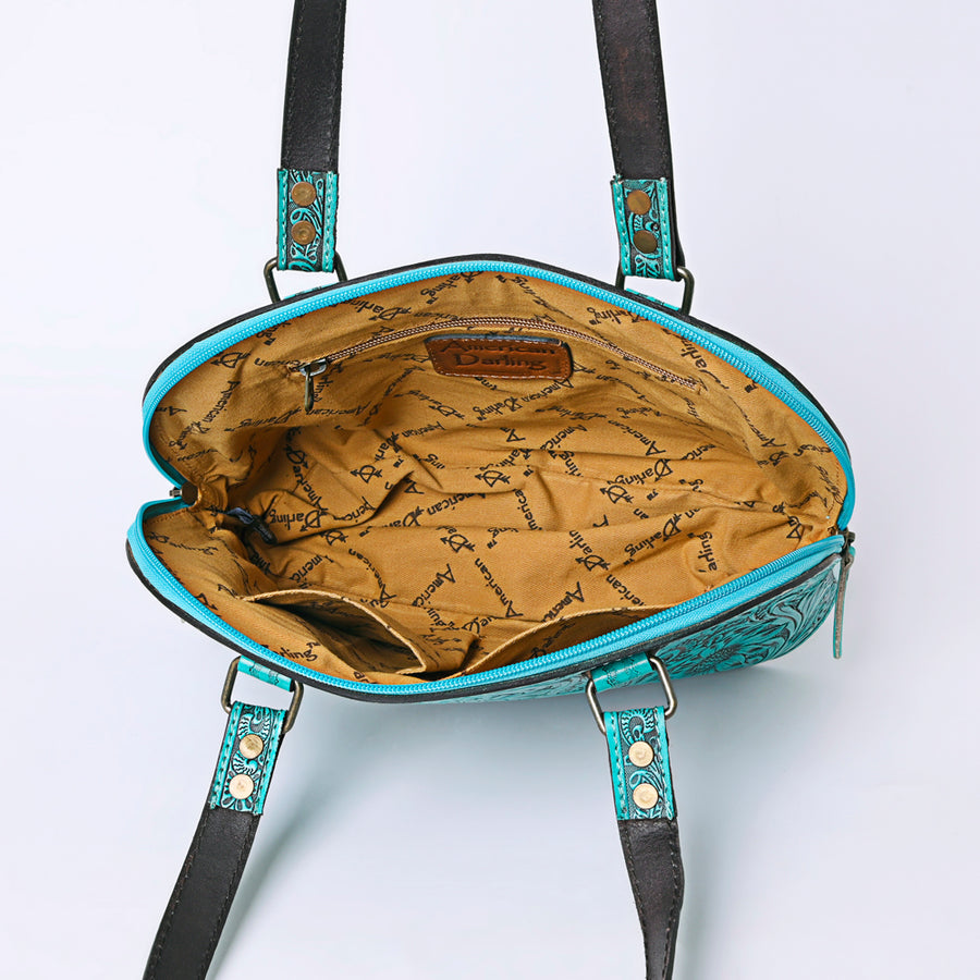 American Darling Western Leather Tote Bag Hand Tooled Floral Carved Purse with Quilted Back & Tooled Straps for Women