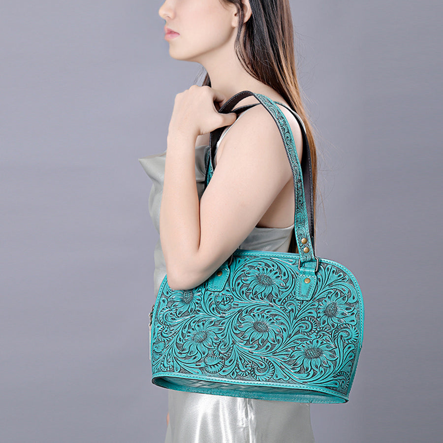American Darling Western Leather Tote Bag Hand Tooled Floral Carved Purse with Quilted Back & Tooled Straps for Women