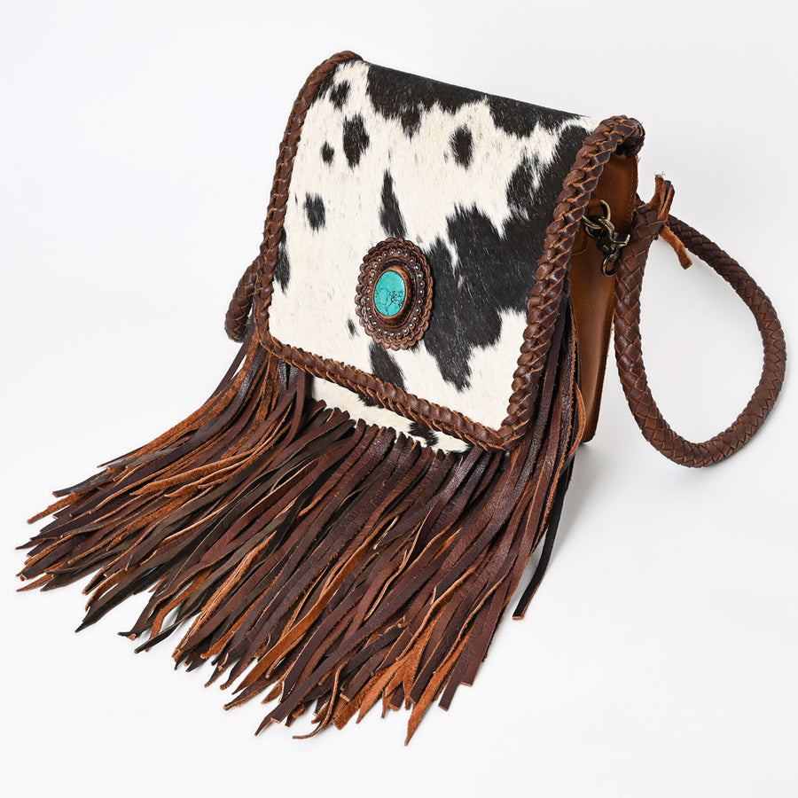 American Darling Messenger Bag Western Genuine Leather Handcrafted Purse with Fringes and Turquoise Stone