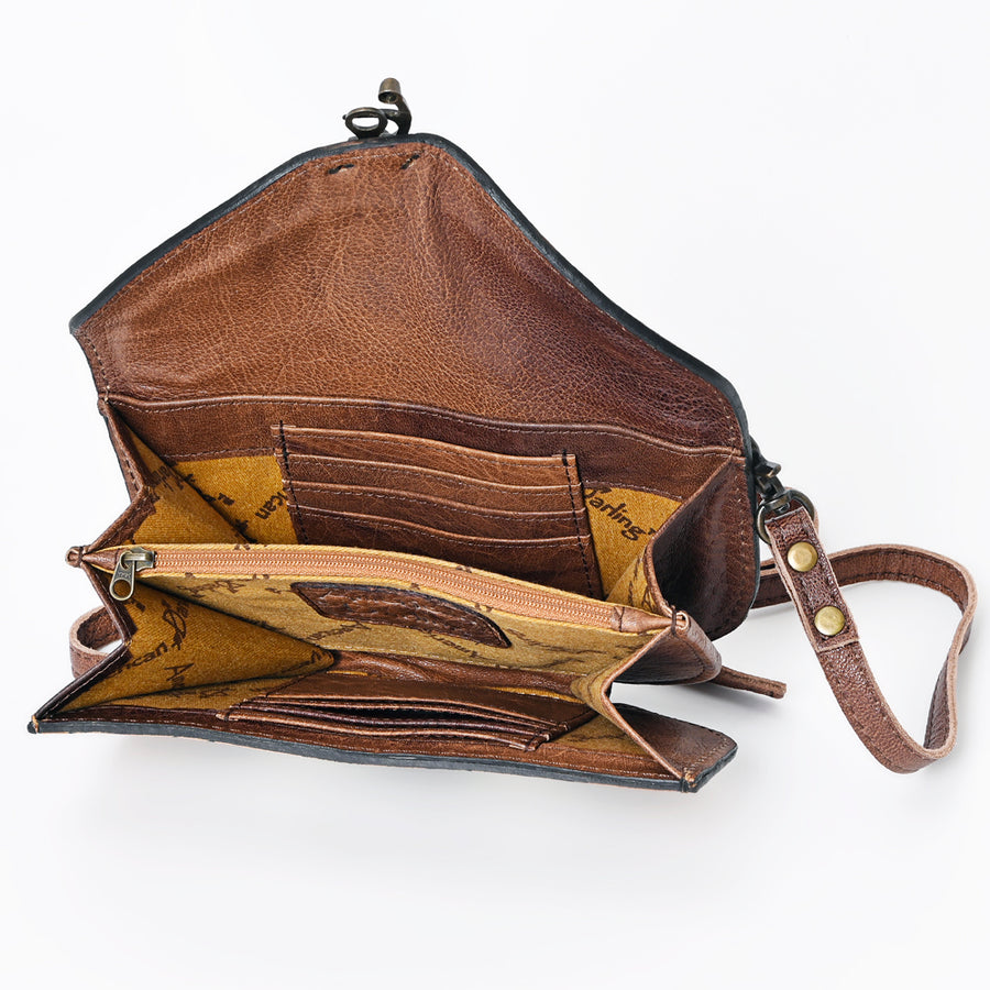 American Darling Wallet Hand Bag, Woven Saddle Blanket Detail, Genuine Leather Western Clutch with Crossbody Strap and Multi-Pocket Interior