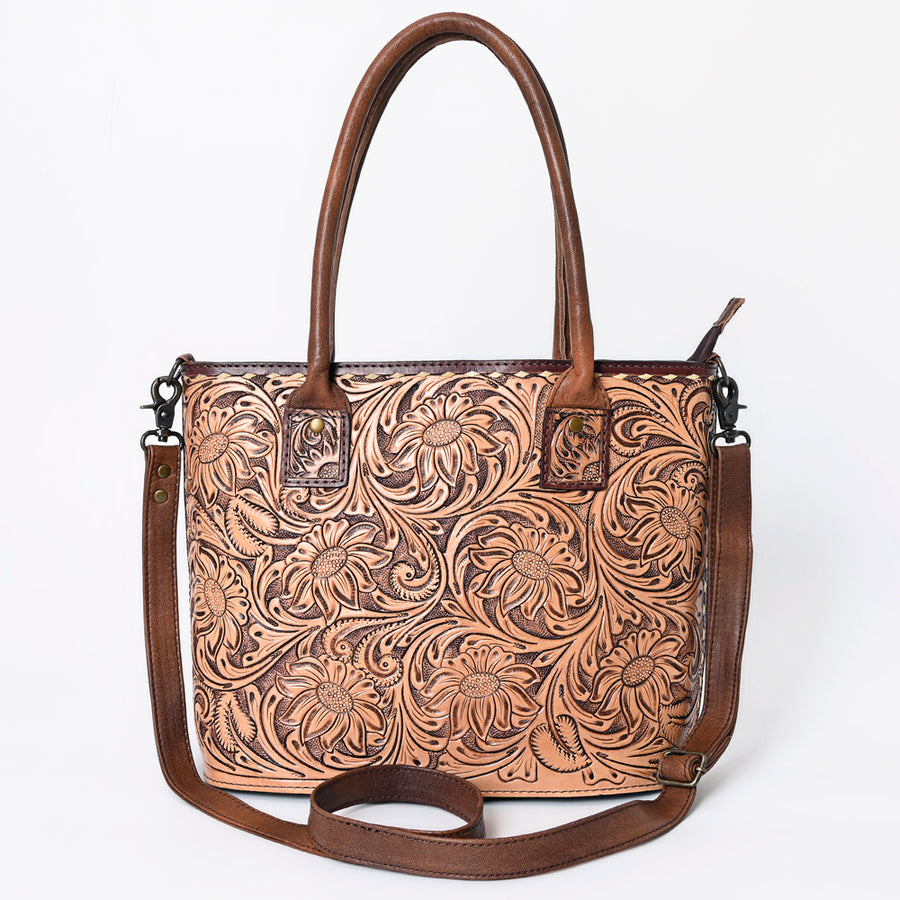 American Darling Western Tote Bag Handcrafted from Genuine Leather | Hand Tooled Floral Carved Purse with Crossbody Strap